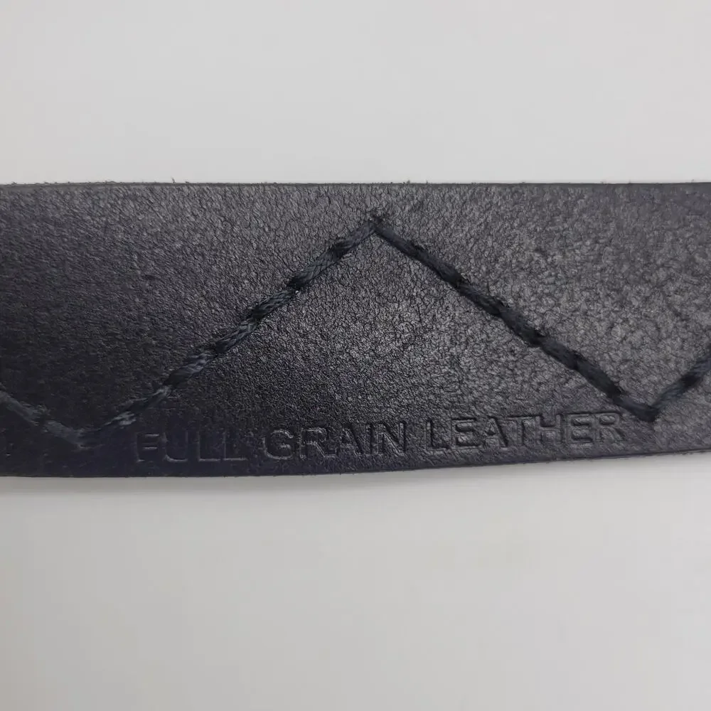Black Leather Belt XL Oval Buckle Zig Zag Stitch Rustic Utility Utilitarian Boho